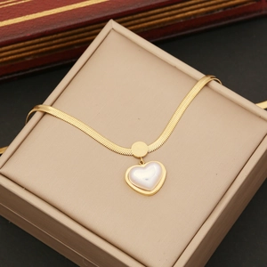 Golden snake chain necklace featuring a heart pearl pendant with Love engraving