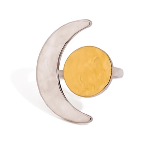 Two-tone gold and silver adjustable ring with hammered sun and moon textures