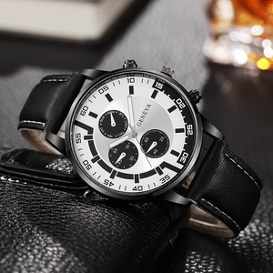 Men's business quartz watch with leather strap and sunray pattern dial shown at a 45-degree angle