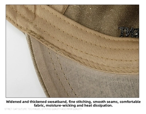 Detailed close-up of wide thickened sweatband and fine stitching on khaki canvas cap