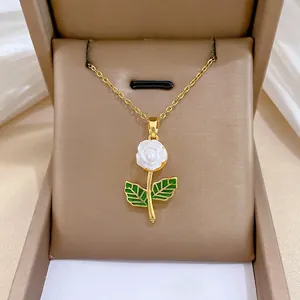 Rose Pendant Necklace Titanium Stainless Steel Chain Copper Enamel White Flower Green Leaf Rhinestone Elegant Jewelry For Women