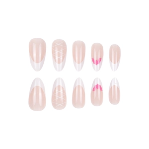 Halloween almond fake nails with red bat designs and classic white French tips style