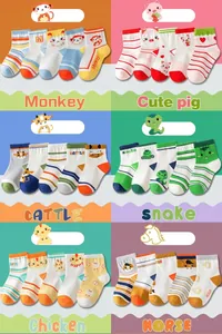 Collage of breathable cotton crew socks for kids featuring six different cartoon animal patterns