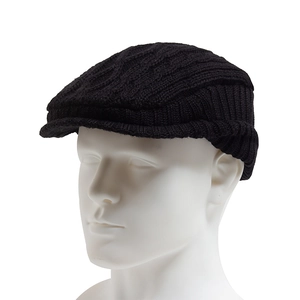 Men's black knit beret with ear protection, fleece lined warm winter flat cap