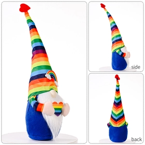 Detail shots showing side and back views of rainbow gnome with plush beard and heart