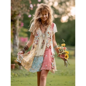 Bohemian floral patchwork V-neck maxi dress with embroidery in natural light setting
