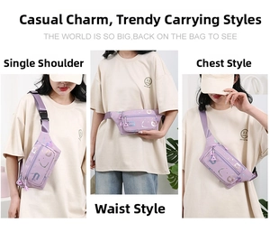 Purple waterproof fanny pack shown in three styles: shoulder bag, waist pack, and chest bag