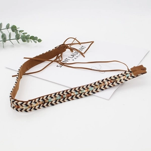 Ethnic style woven hat decorative belt with multi-color V-pattern and suede ties