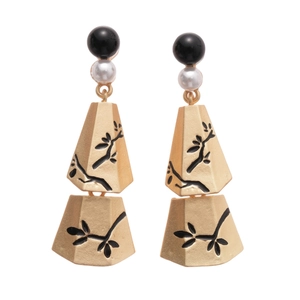 Vintage metal tassel earrings with faux pearls and black floral branch patterns