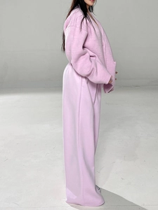 Pink knit two-piece set featuring long sleeve cardigan and wide-leg pants for women