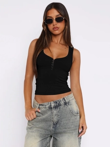 Detail of black ribbed tank top with Henley button neckline and slim fit design