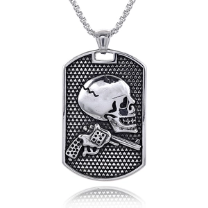 Gothic stainless steel dog tag necklace with 3D skull and revolver pistol detailing