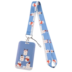 Detailed view of the Christmas snowman lanyard with blue ID card holder and metal clip