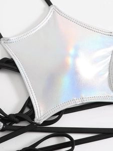 Sexy silver holographic star-shaped bikini set with gold stamping and drawstring detail