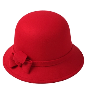 Vintage French Style Polyester Cloche Hat For Women Elegant Bow Decorated Winter Warm Felt Fedora Hat Autumn Fashion