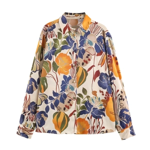 Chemise En Satin À Imprimé Fleuri Pour Femme Manches Longues Boutonnée Col À Revers Motif Abstrait Vintage