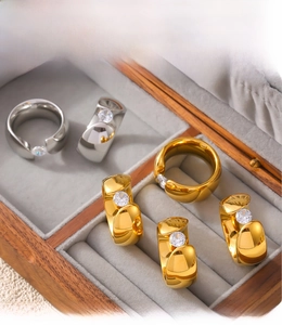 Detail eines PVD-beschichteten breiten Rings mit Zirkonia in Gold- und Silberoptik