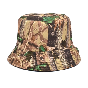 Unisex jungle camouflage bucket hat featuring realistic wood and leaf forest patterns