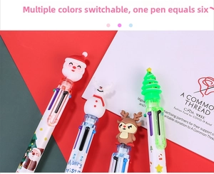Six-color Christmas ballpoint pen featuring cartoon Santa and reindeer toppers