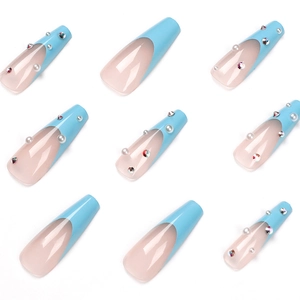 Long ballet blue French press-on nails with elegant pearls and sparkling rhinestones