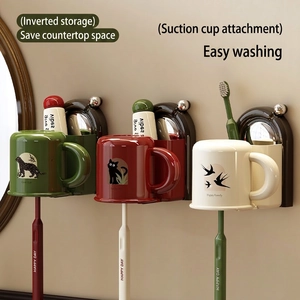 Wall Mounted Toothbrush Holder Mouthwash Cup Suction Cup Plastic Bathroom Organizer Animal Pattern Inverted Drainage