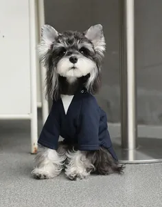 Dettaglio felpa per cani blu navy con scollo a V ed effetto a strati per l'esterno