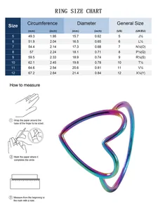 Detailed ring size chart with circumference and diameter measurements for women heart rings