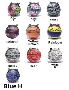 Detail view of round basketball crossbody bags with colorful graffiti and paisley patterns