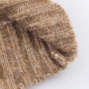 Chic knit wool top in warm camel brown with soft plush mohair texture and ribbed pattern