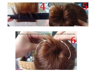 Hair styling tool tutorial steps showing bun maker technique with U-shaped hairpins