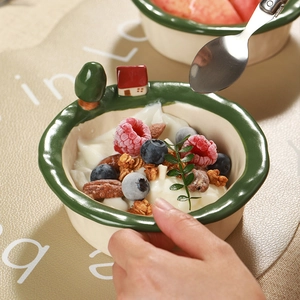 Handmade ceramic cereal bowl with 3D miniature house and tree ornaments on green rim