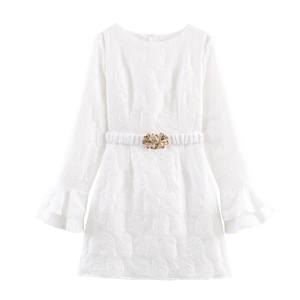 Elegant Rose Jacquard Mini Dress Long Flare Sleeve Round Neck With Gold Flower Buckle Belt For Women