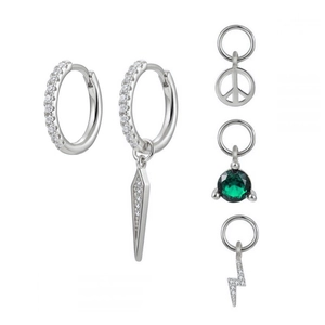 Minimalist S925 silver earring set featuring lightning, diamond circle, and stone pendants