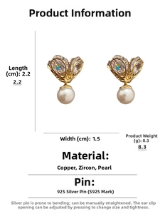 Detailed view of butterfly pearl earrings with dimensions 2.2x1.5cm and S925 silver needles