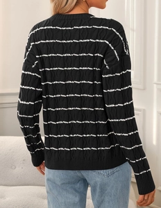 Detail of chunky cable knit texture on black and white striped cardigan for women
