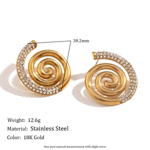 18K gold plated stainless steel spiral stud earrings with white rhinestones on white background