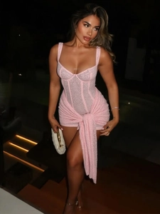 Mini Abito Sexy In Pizzo Stile Corsetto Con Ferretto Spalline Sottili Scollo V Aderente Fiocco Davanti Party Elegante