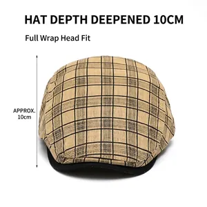Classic plaid flat cap in khaki and black with 10cm deep design for outdoor sun protection