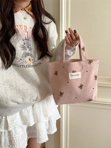 Pink corduroy mini handbag for women with cute bear embroidery and dual top handles