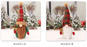 Detail of Model A and B Christmas gnomes featuring plaid hats and festive accessories