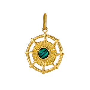 Macro detail of golden solar pendant with green malachite stone and twisted rope edge