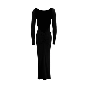 Detail of slim fit black backless dress featuring elegant ruched texture and long sleeves