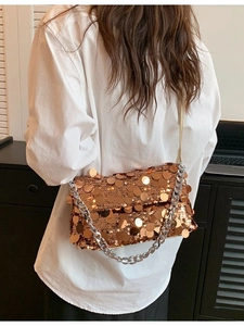 Elegant bronze sequin chain bag with silver strap worn over a white shirt