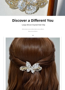 Macro detail of large butterfly hair clip with crystals and model wearing it