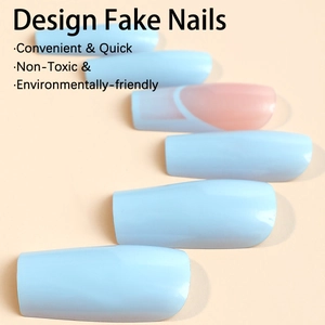 Glossy sky blue long coffin press-on nails with minimalist French tip design