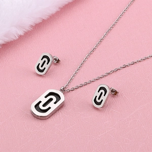 Silver stainless steel paperclip necklace and earring set with black geometric pattern