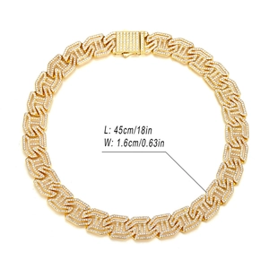Golden 16mm iced out Cuban link chain with letter H and pavé crystals, 18 inch length