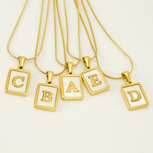 Golden stainless steel snake chain necklace with white shell square initial pendants