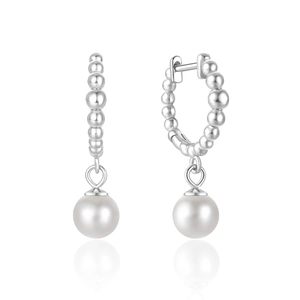 Detailed view of elegant silver beaded hoop earrings with white pearl pendants and reflection