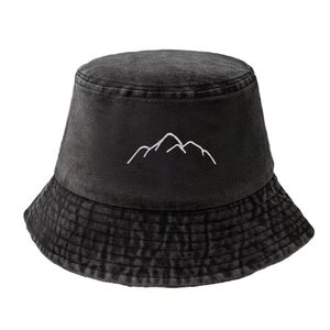 Unisex washed dark grey fisherman hat with white mountain embroidery for outdoor sun protection